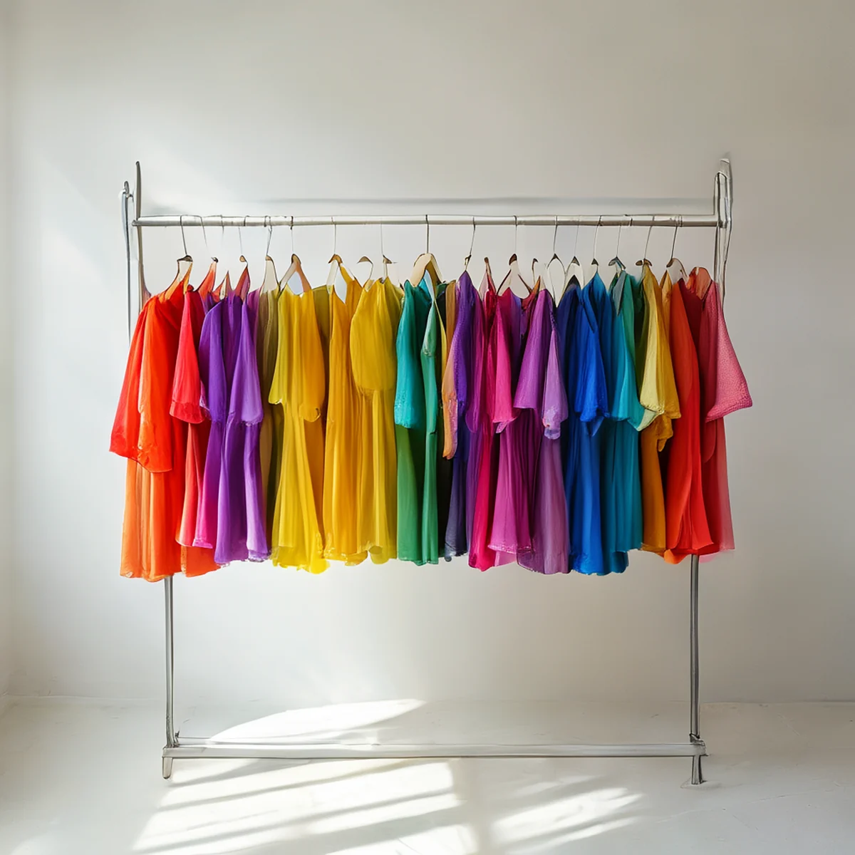 Um suporte de roupas com diversos vestuários coloridos.