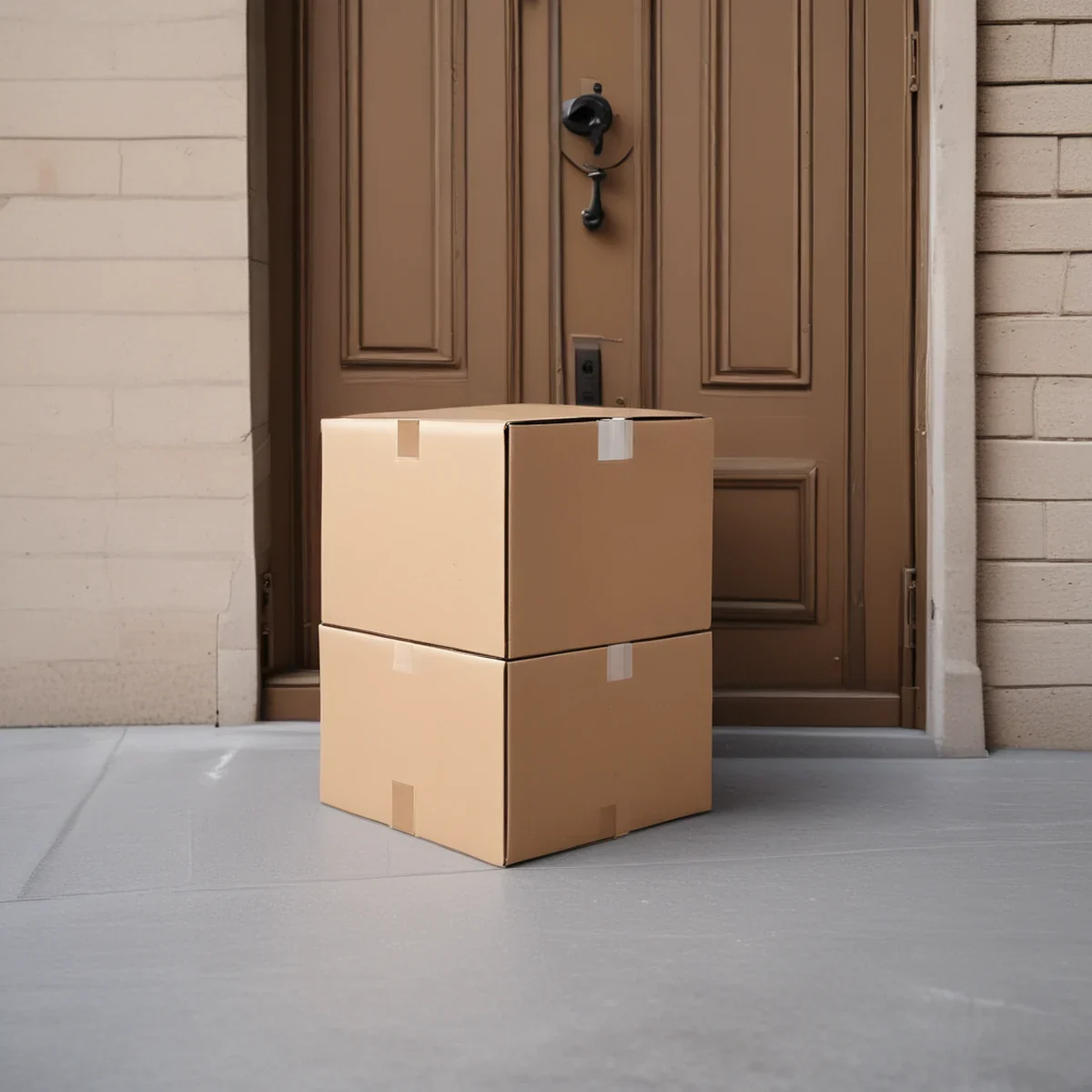 Ein Pappkarton-Paket liegt auf einer Holzschwelle vor einem Haus