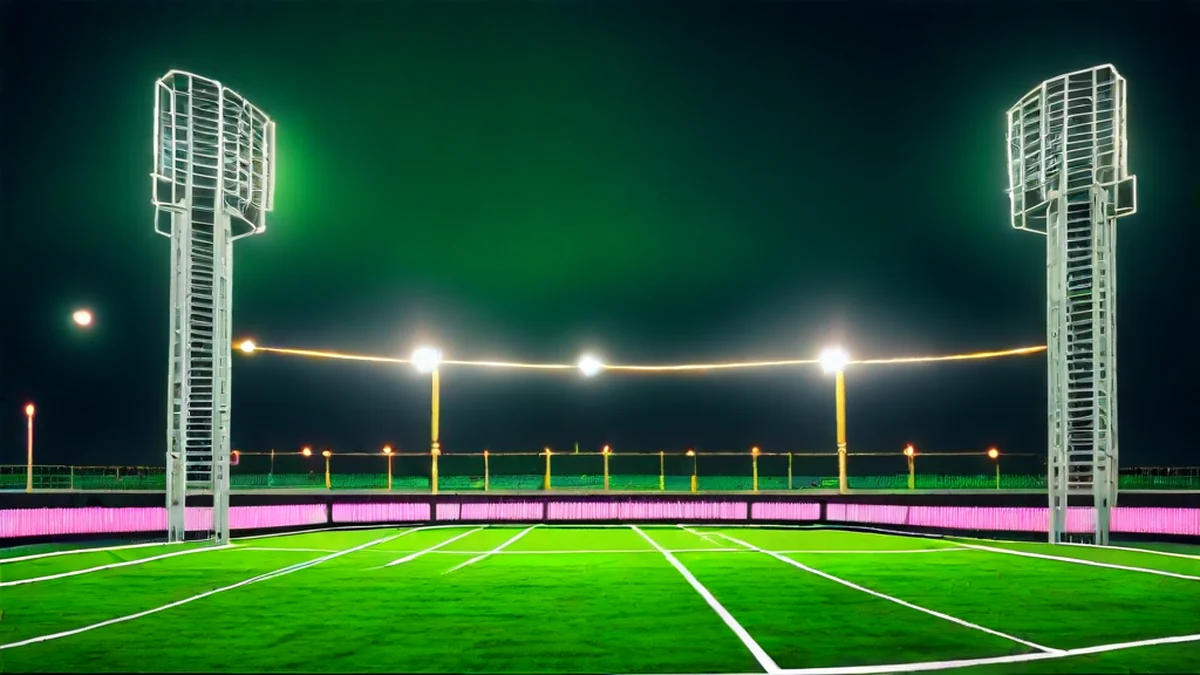 Las luces del estadio de fútbol iluminan el campo de noche.
