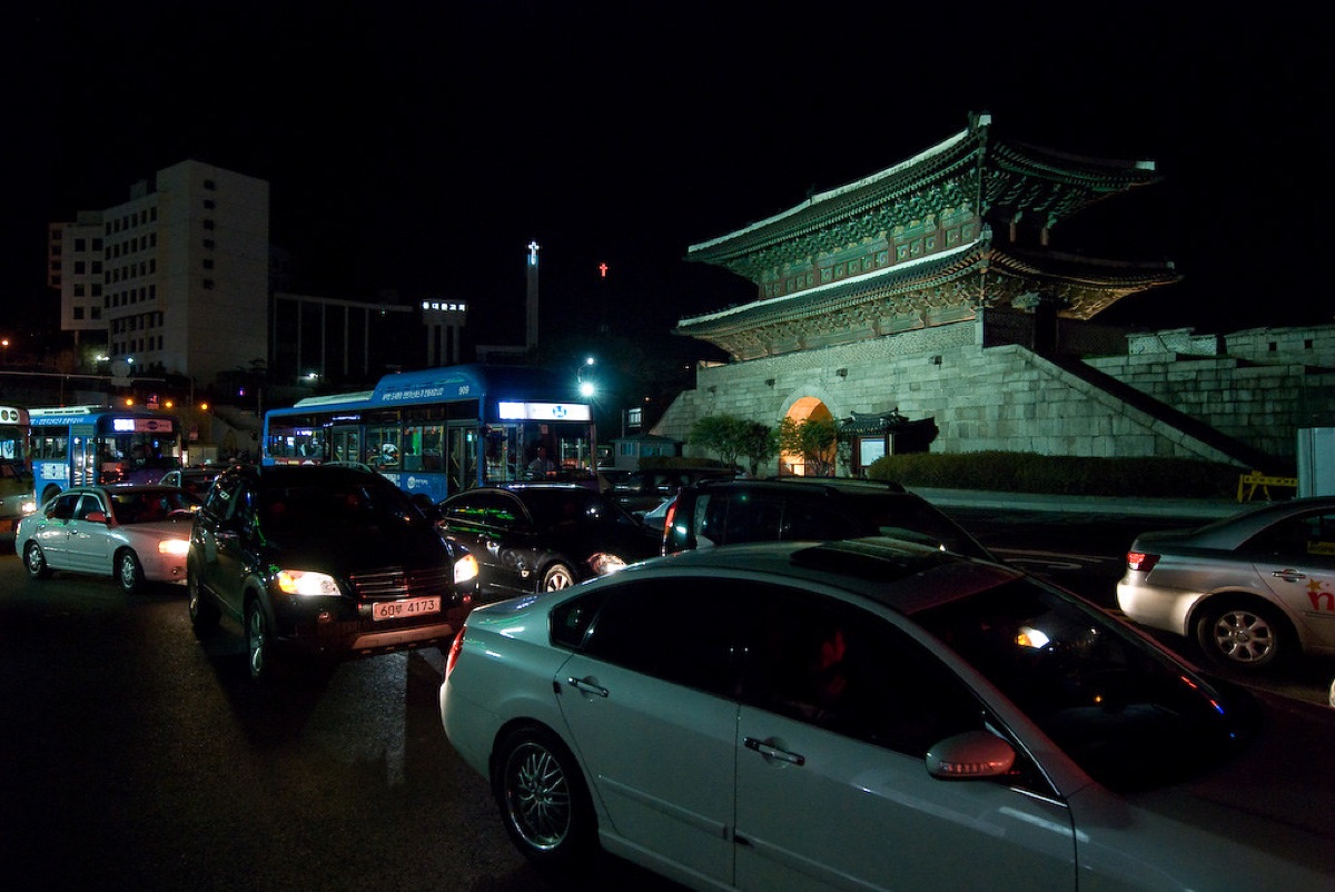 Seoul night market with glowing lights