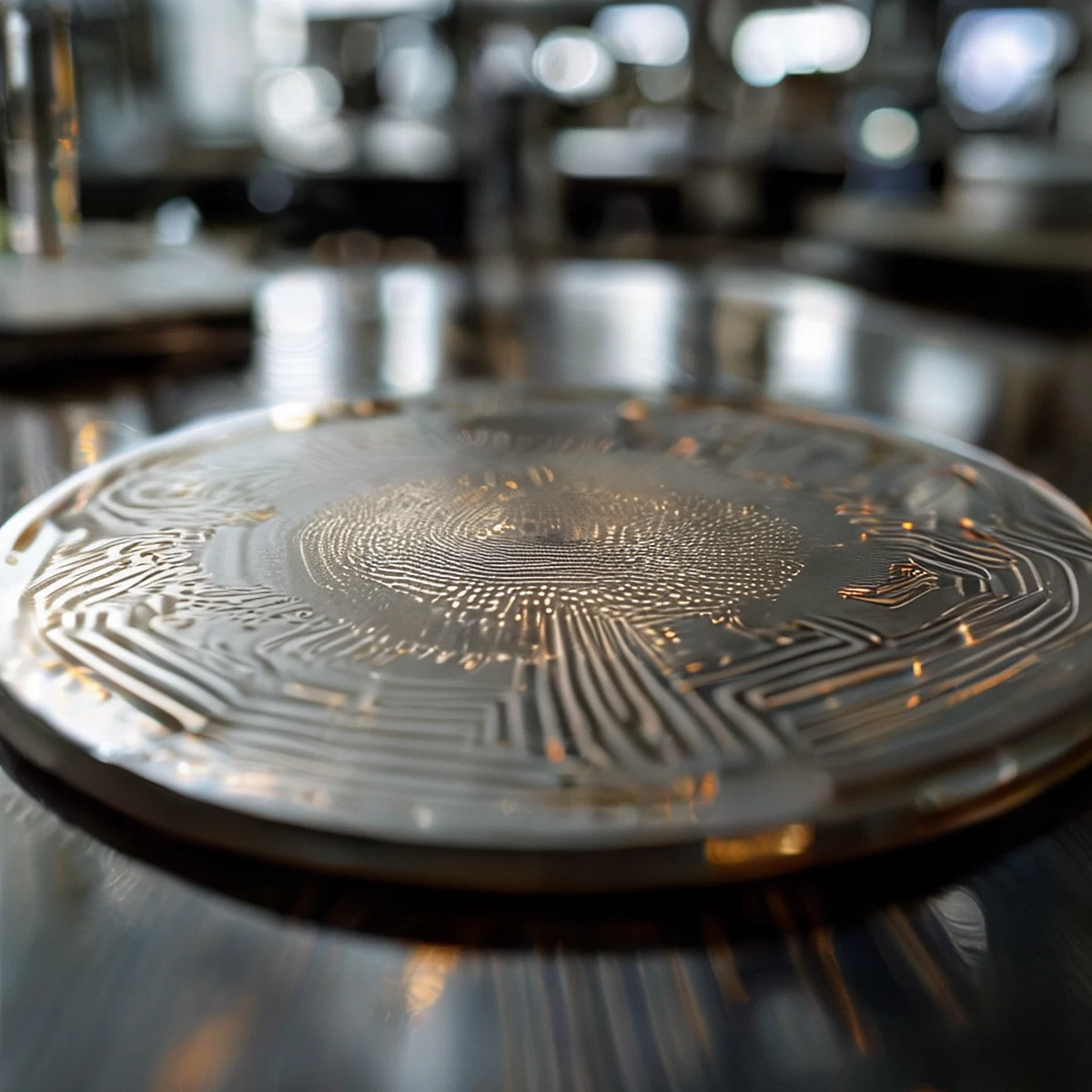 Un wafer di silicio con pattern di memoria per dispositivi elettronici.