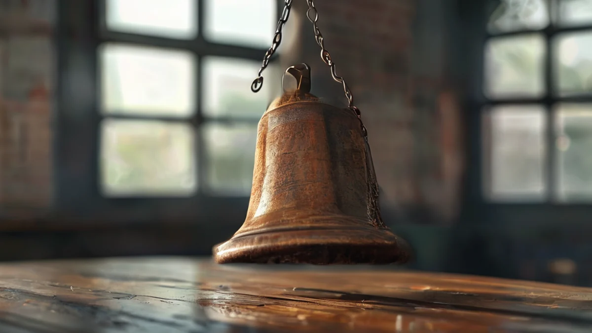 Uma campana escolar pendente de um gancho de metal, com uma face de relógio e números visíveis.