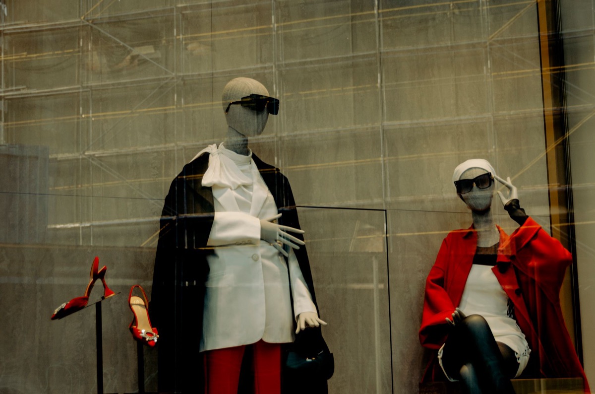 Seoul fashion display window with diverse clothing and accessories
