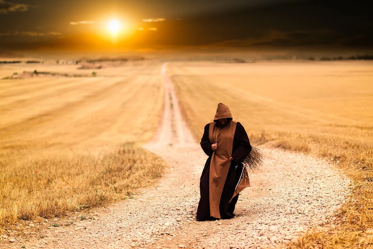 monk, pilgrimage, path, sunset, pilgrim, nature, walk, road, enlightenment, tradition, culture, afternoon, field, farm, landscape, rural, countryside, dusk
