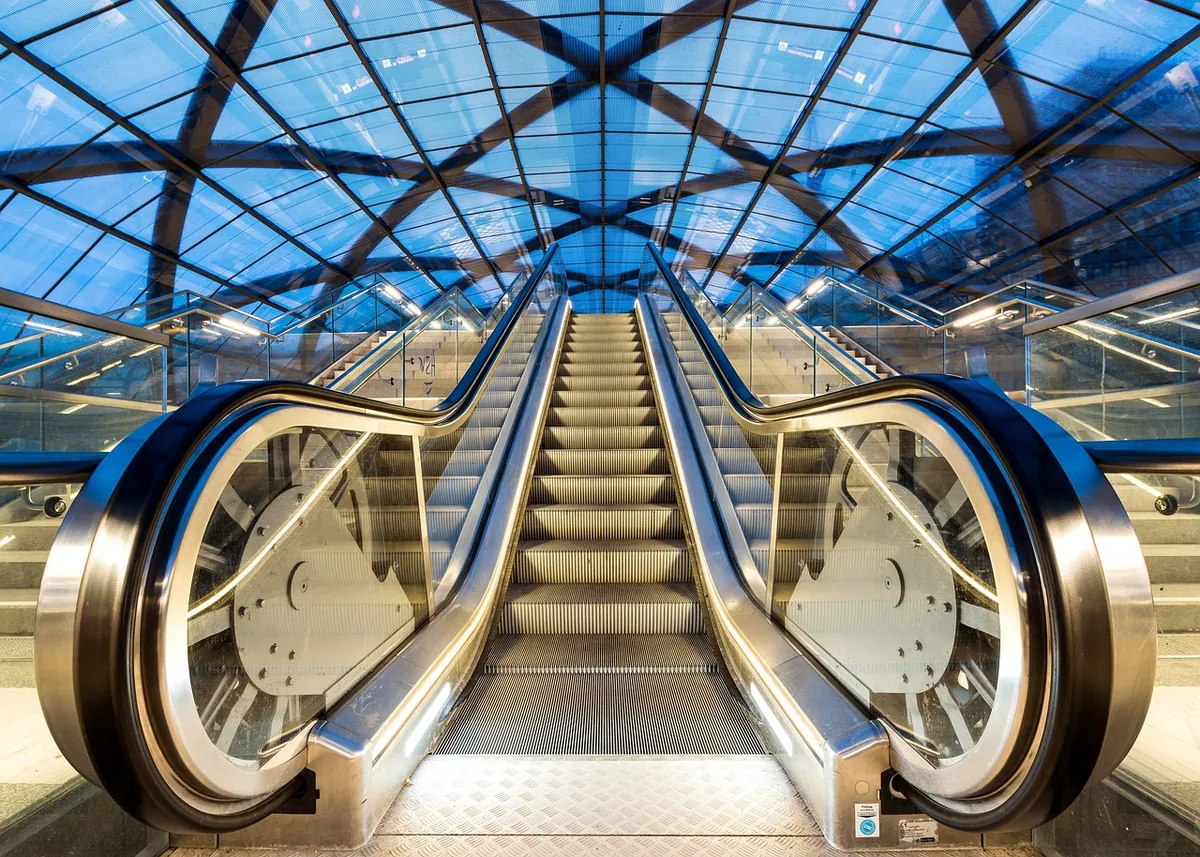 station, escalator, stairs, subway, metro, architecture, cityscape, transport, modern, futuristic, building, steel construction, germany, hamburg